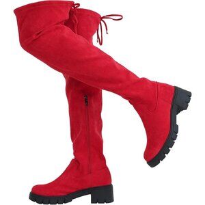 Women's Platform Boots-990-red Over The Knee Thigh High Round Toe Long Boot